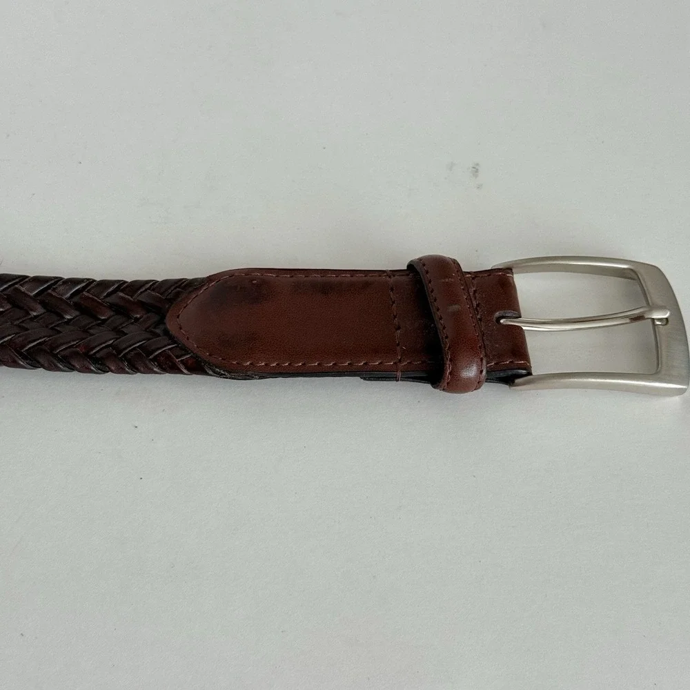 Brown Stretch‎ Braided Belt Faux Leather Silver Buckle 50